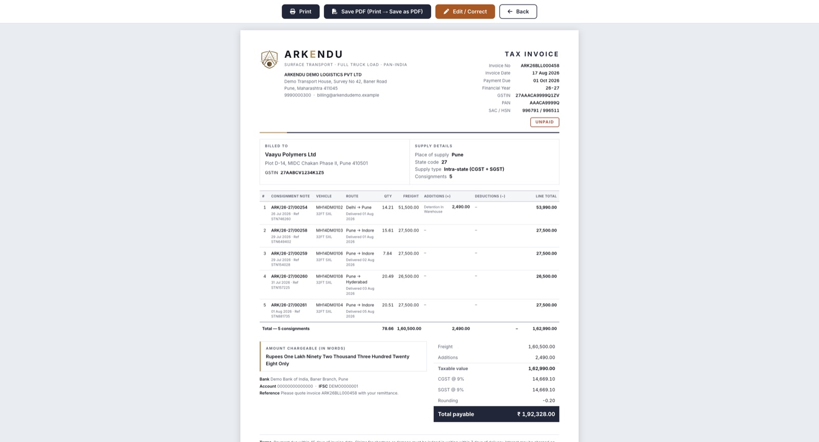 GST tax invoice in Arkendu TMS