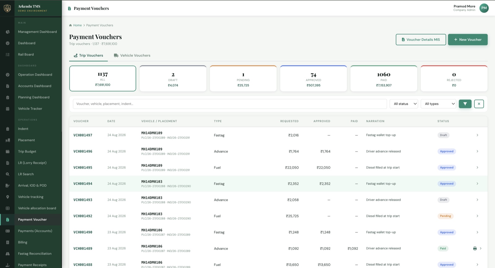 Payment vouchers in Arkendu TMS
